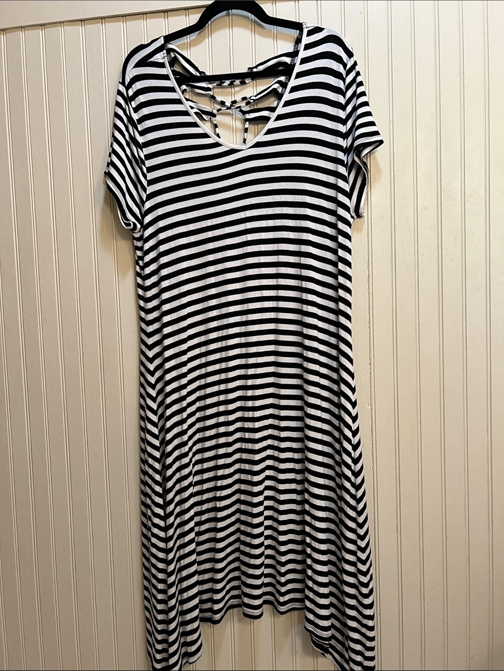 Chico's Black and White Striped Short Sleeve Midi Dress with Lattice Back